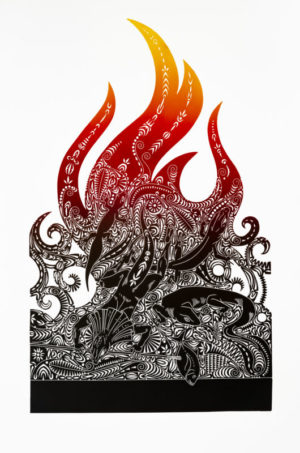 Brian Robinson, "Walek, the bringer of fire," 2013, linocut. Image courtesy the artist.