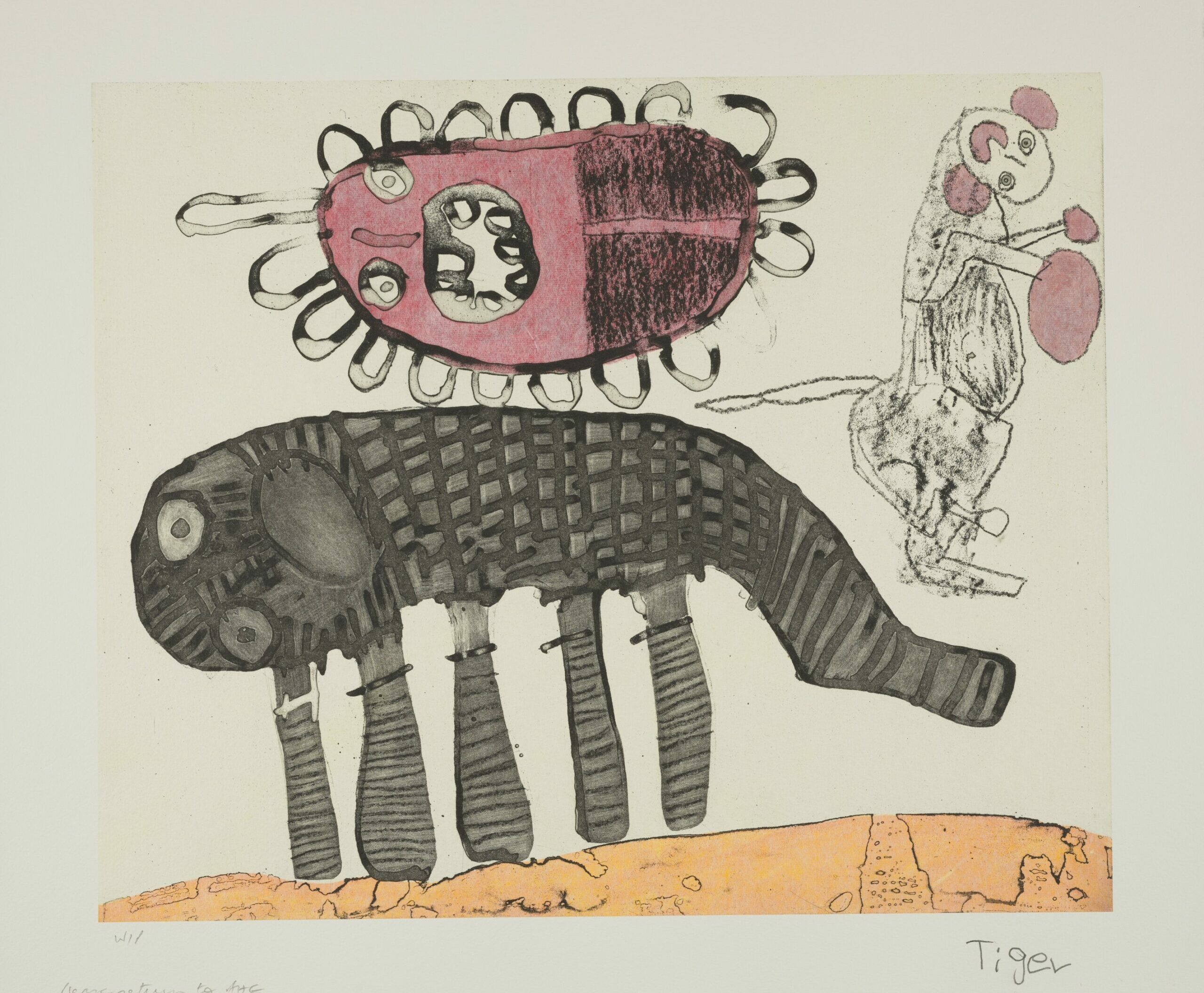 TIGER YALTANGKI, Malpa Wiru (Good Friends), 2015, etching with chine collé on Hahnemühle paper, printer: Basil Hall. Kluge-Ruhe Aboriginal Art Collection of the University of Virginia, gift of Basil Hall, 2023.0006.029.009. Courtesy of the artist, Iwantja Arts, and Alcaston Gallery